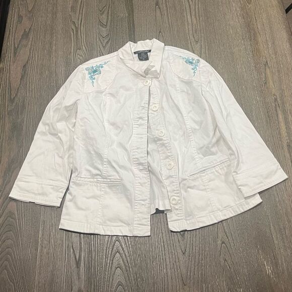 Touche White Cotton Blue Embroidered Button Front Vintage Jacket Size 14 - Picture 1 of 5